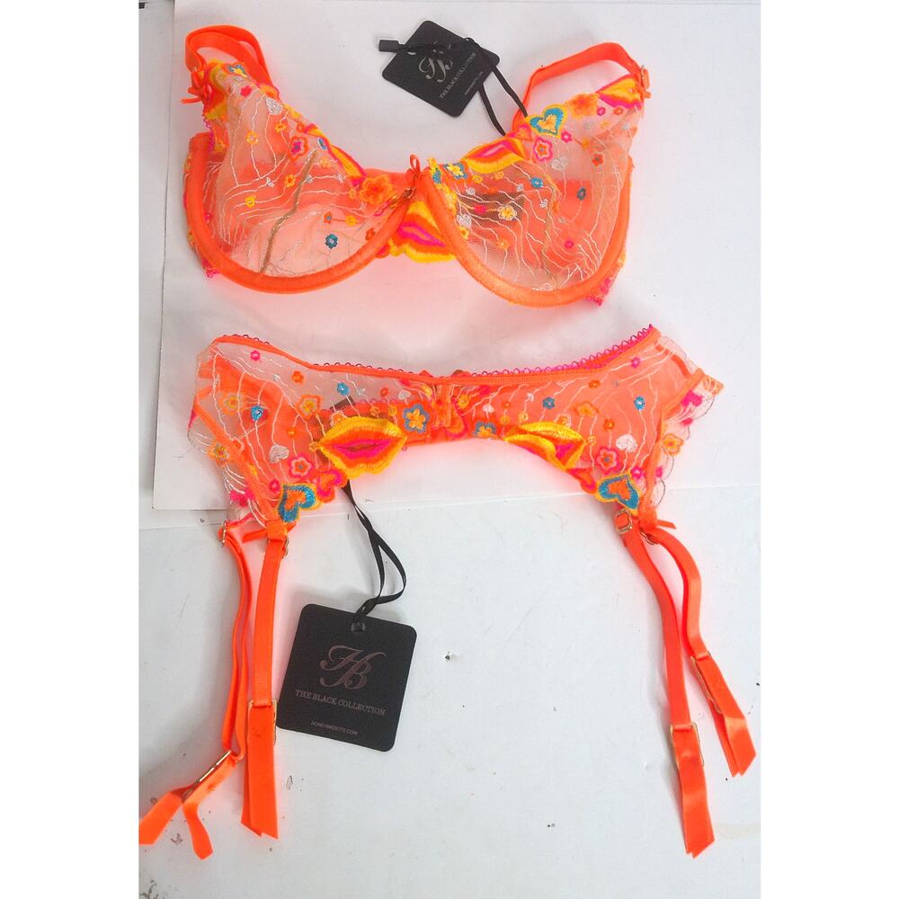 Honey Birdette Dixie Orange Bra 30G And Garter XS Embroidered Sheer Set